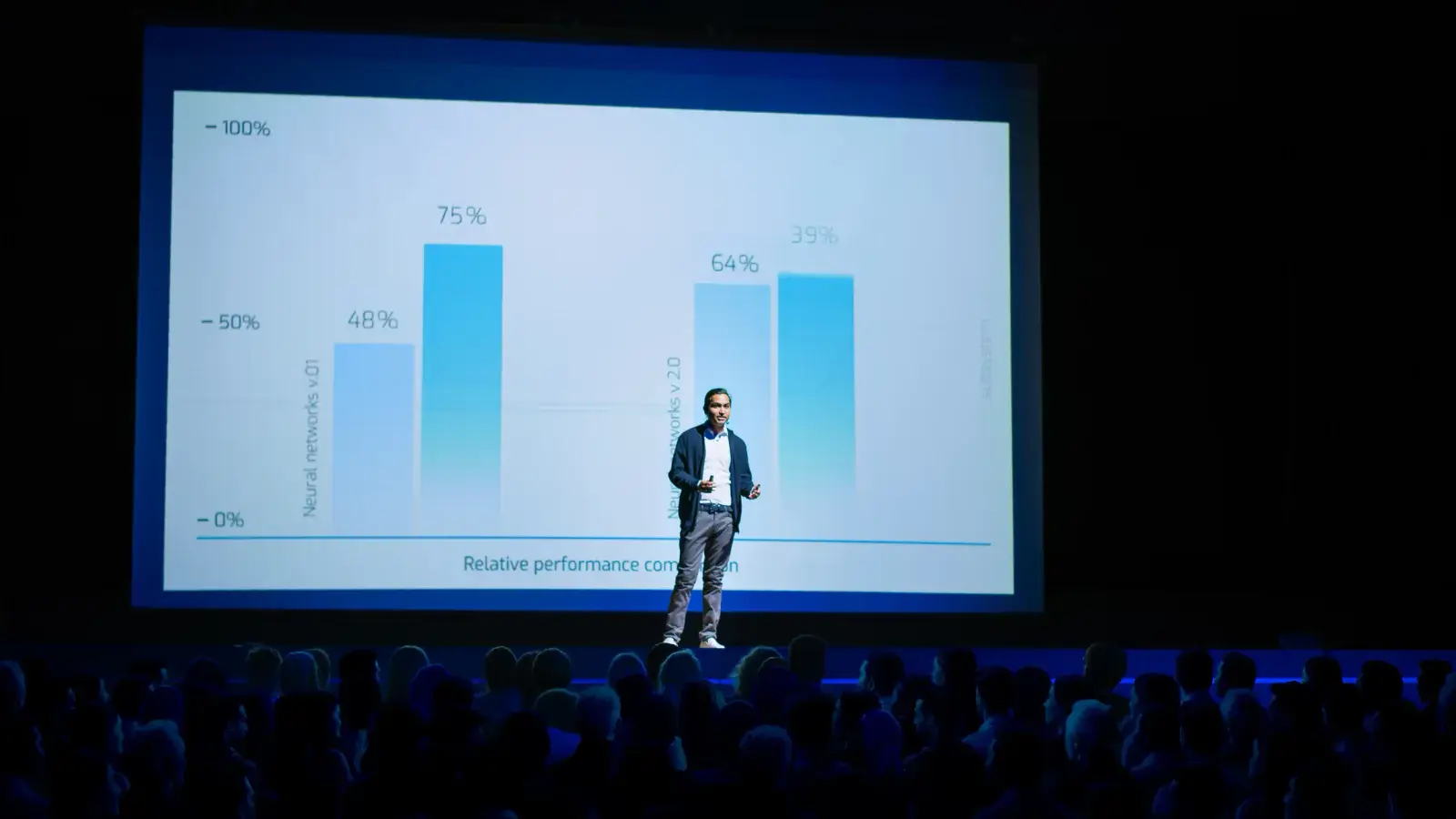Presenter on stage in front of a giant projected bar chart, audience in silhouette