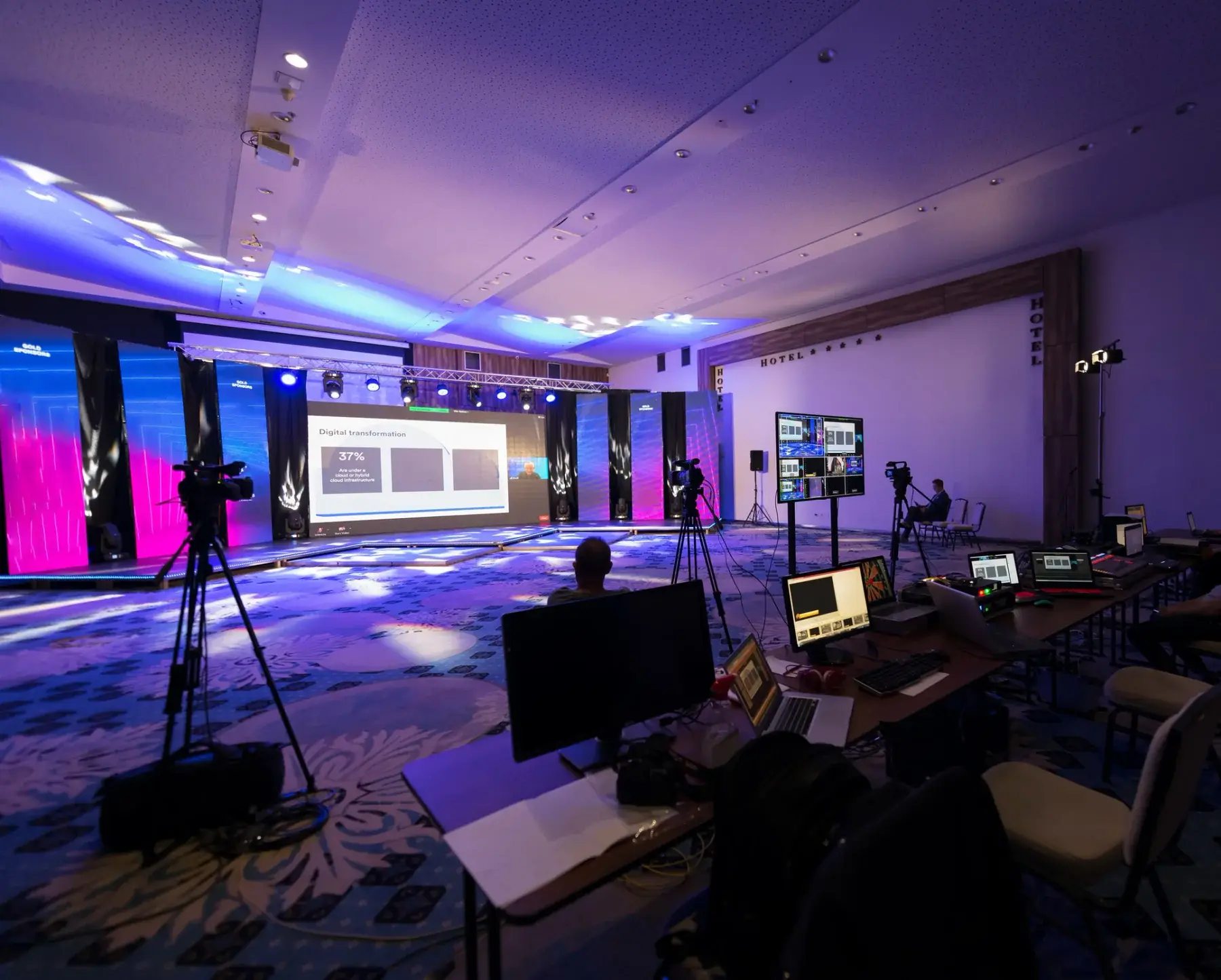 Ballroom set for a presentation with camera tripods and control equipment