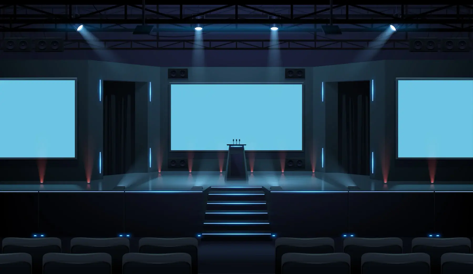 Stage with a lectern centered between three screens